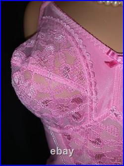 36D Pink Body Bra Girdle Open Bottom Brifer Lace Spandex Garters Vtg Style