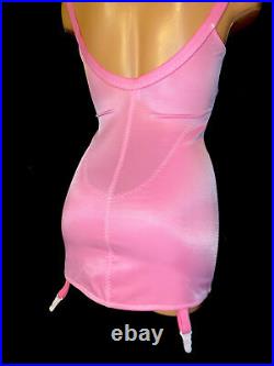 36D Pink Body Bra Girdle Open Bottom Brifer Lace Spandex Garters Vtg Style