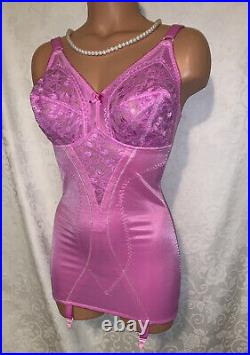 36D Pink Bra Girdle Open Bottom All-in-One Briefer Lace Spandex Garters