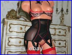 Black & Red Spanky Tight Open Bottom Crotchless Girdle Metal Suspenders Size 12