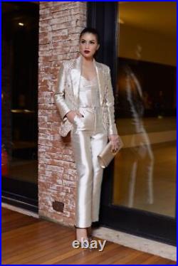 Custom Made Women's Ivory Satin Hand Embroidered Pant Suits Wedding Christmas