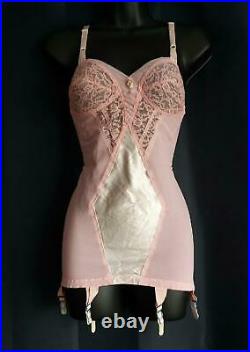 LACY PINK SATIN 50s Vintage OPEN BOTTOM ALL-IN-ONE SHAPER GIRDLE withGRTS -sz 34 A