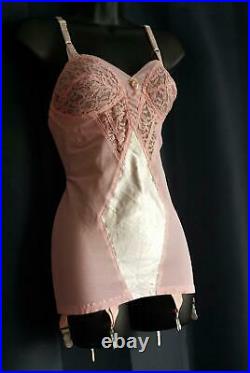 LACY PINK SATIN 50s Vintage OPEN BOTTOM ALL-IN-ONE SHAPER GIRDLE withGRTS -sz 34 A