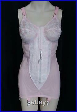 LACY PINK SATIN Vintage OPEN BOTTOM ALL-IN-ONE SHAPER GIRDLE withGRTS -sz 38 B