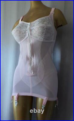 LACY PINK ZIPFRONT Vintage OPEN BOTTOM ALL-IN-ONE SHAPER GIRDLE withGRTS -sz 40 B