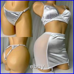 M 6 Glossy Satin Vtg Lingerie Open Bottom Girdle Garter Skirt Panty Bra Thong