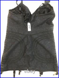 Rago 48C Black Lace Body Briefer Shapewear Open Bottom Wireless 6 Garters Retro