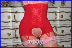 Red Open Bottom Crotchless Girdle 6 V- Straps Pink Metal Suspenders Size 12