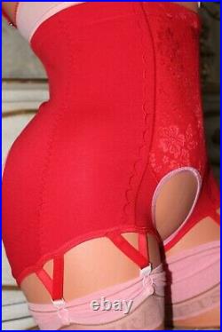 Red Open Bottom Crotchless Girdle 6 V- Straps Pink Metal Suspenders Size 12