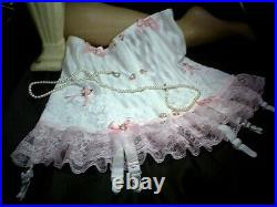 Sissy White Waist Cincher Open Bottom 6 Suspender Girdle Corset Pink Satin Bows
