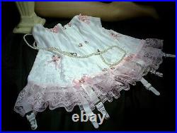 Sissy White Waist Cincher Open Bottom 6 Suspender Girdle Corset Pink Satin Bows