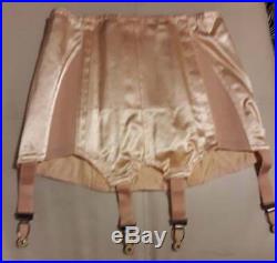 Unworn Vintage 1950s Pink Satin Open Bottom Girdle Garter Belt w Box Pinup S