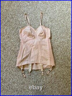 Vintage 40s Pink Brocade All-in-One Corselette Girdle Garters Open Bottom size L