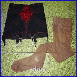 Vintage Black & Red Rago Open Bottom Girdle Garters & Stocking Set L pinup retro