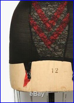 Vtg 50s Sheer Black & Red GIRDLE Black Lace & Red Ribbons V Open Bottom 4 Garter