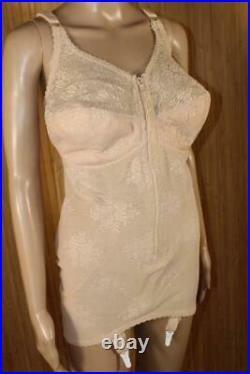 Vtg Nude Zip Open Bottom Girdle Corselette Nylon & Lace, 4 Suspenders Size 44d