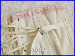 Vtg OPEN BOTTOM GIRDLE CORSET Garters Size L XL Brocade White Pink Fan Lacing